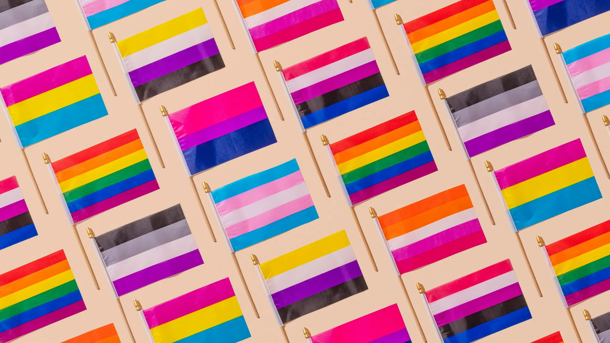 Rows of Pride flags representing different identities